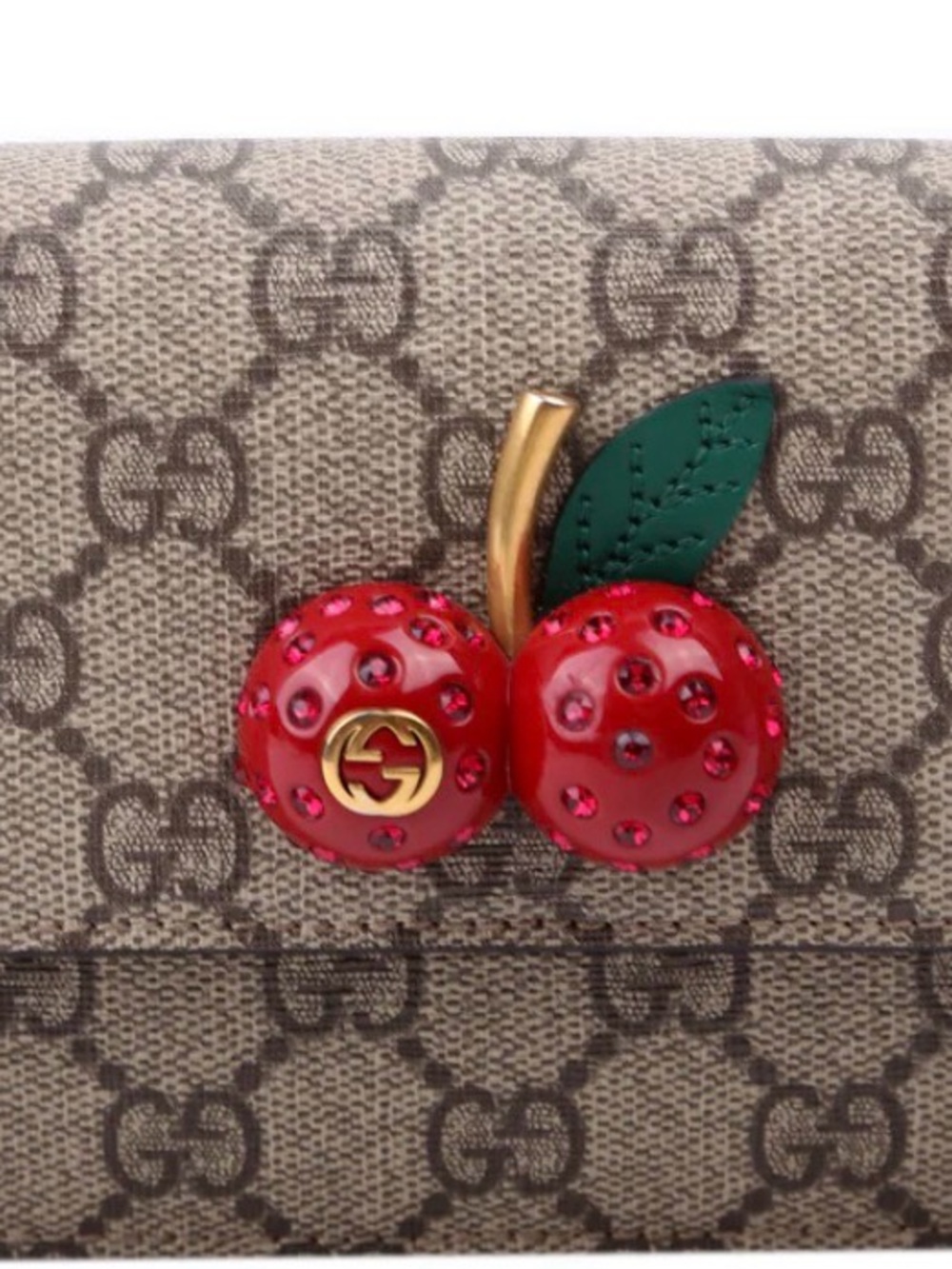 Gucci Beige GG Canvas Wallet with Red Crystal Cherry Accent